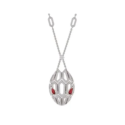 Bulgari Serpenti 352752-rubellite necklace in 18 kt white gold set with rubellite eyes and pavé diamonds both on the chain and the pendant 1