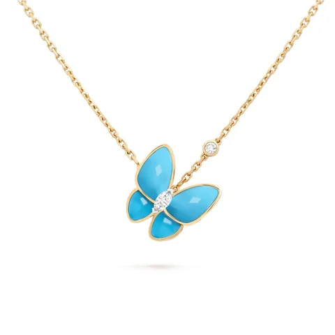 Van Cleef & Arpels VCARP7UP00 Two Butterfly pendant Yellow gold Diamond Turquoise Necklace 1