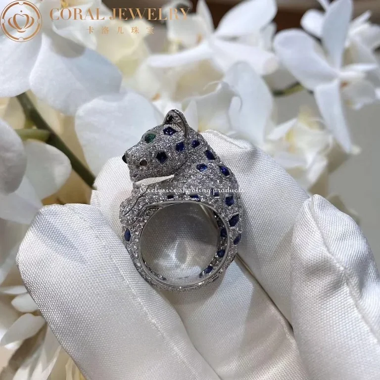 Cartier Panthère De H4078300 Cartier Ring Platinum Sapphire Emerald Onyx Diamonds 8