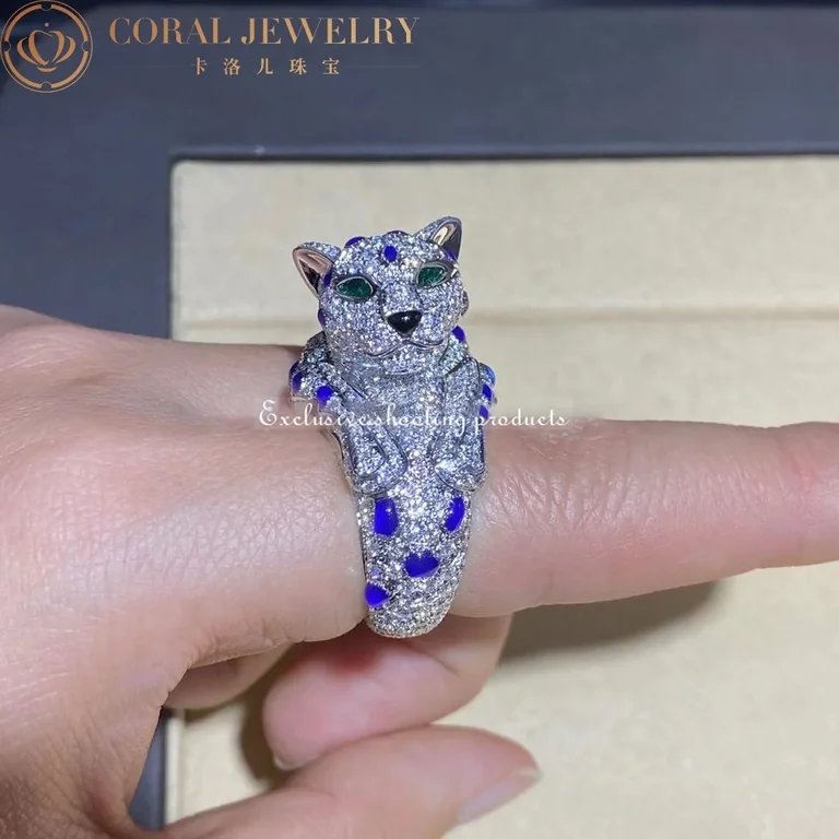 Cartier Panthère De H4078300 Cartier Ring Platinum Sapphire Emerald Onyx Diamonds 7