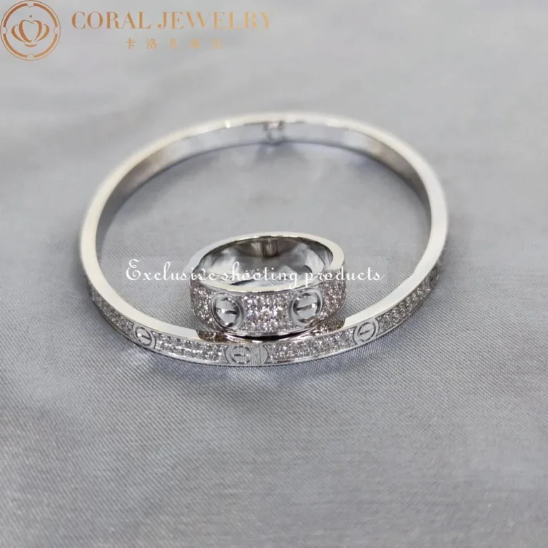 A love child of ?70s New York, the LOVE collection is a symbol of free-spirited love. Its binding closure and screw motif give it true permanence, while diverse interpretations allow for a unique expression of feelings. Lock in your love, forever. Ref. B4087600 LOVE ring, white gold 750/1000, set with 66 brilliant-cut diamonds totaling 0.70 carat. Width: 6.5 mm. Price: Upon request *Please note that the carat weight, number of stones and size of Cartier products made in the Coral jewelry factory may vary depending on the size of the piece ordered. Please contact us for more information.