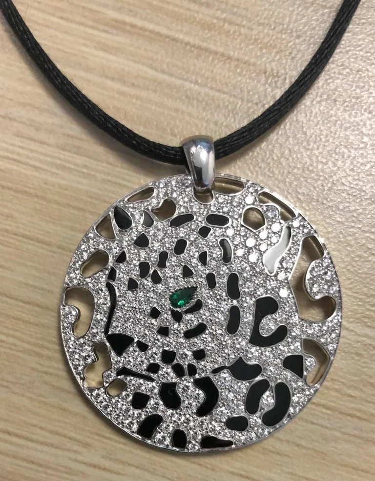 Cartier N3014410 Panthère De Cartier Necklace Diamond and Enamel Panther Openwork Disc Pendant on Black Cord Necklace 6