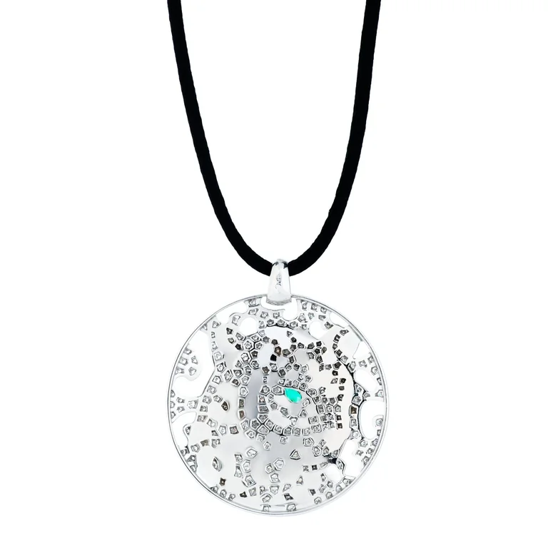 Cartier N3014410 Panthère De Cartier Necklace Diamond and Enamel Panther Openwork Disc Pendant on Black Cord Necklace 5