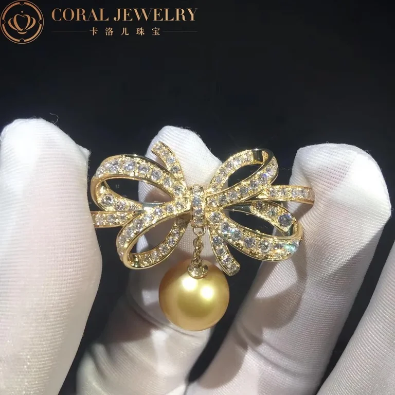 Chanel Ruban Brooch 18k Yellow Gold Diamonds Pearl Brooch 3