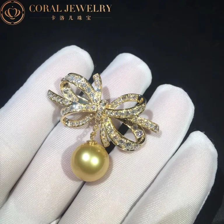 Chanel Ruban Brooch 18k Yellow Gold Diamonds Pearl Brooch 2