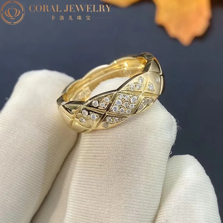 Chanel Coco Crush Ring J10864 Quilted Motif Small Version 18k Yellow Gold Diamonds 7
