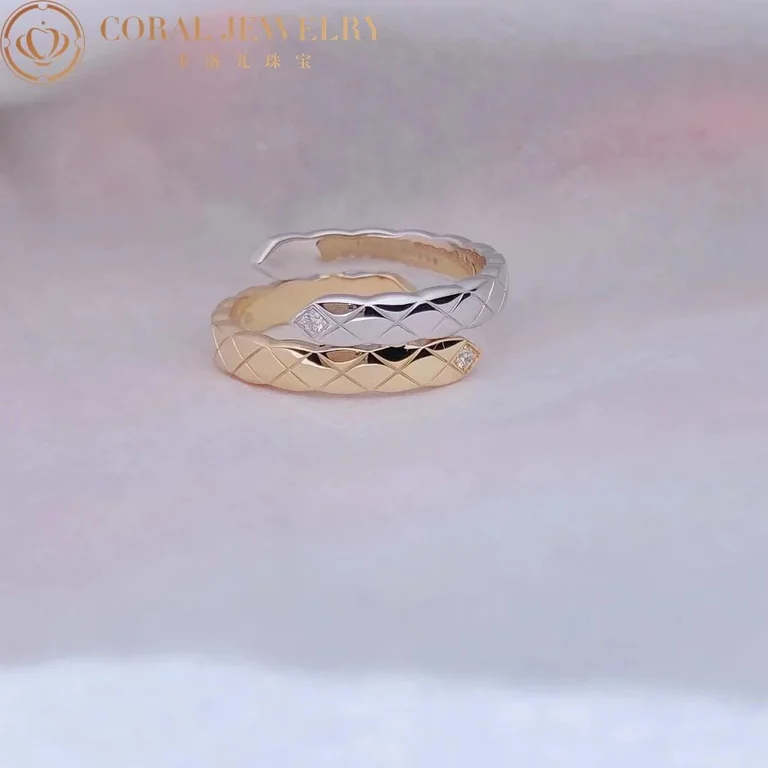 Chanel Coco Crush Toi Et Moi J11971 Ring Quilted Motif Small Version 18k White and Beige Gold Diamonds 9