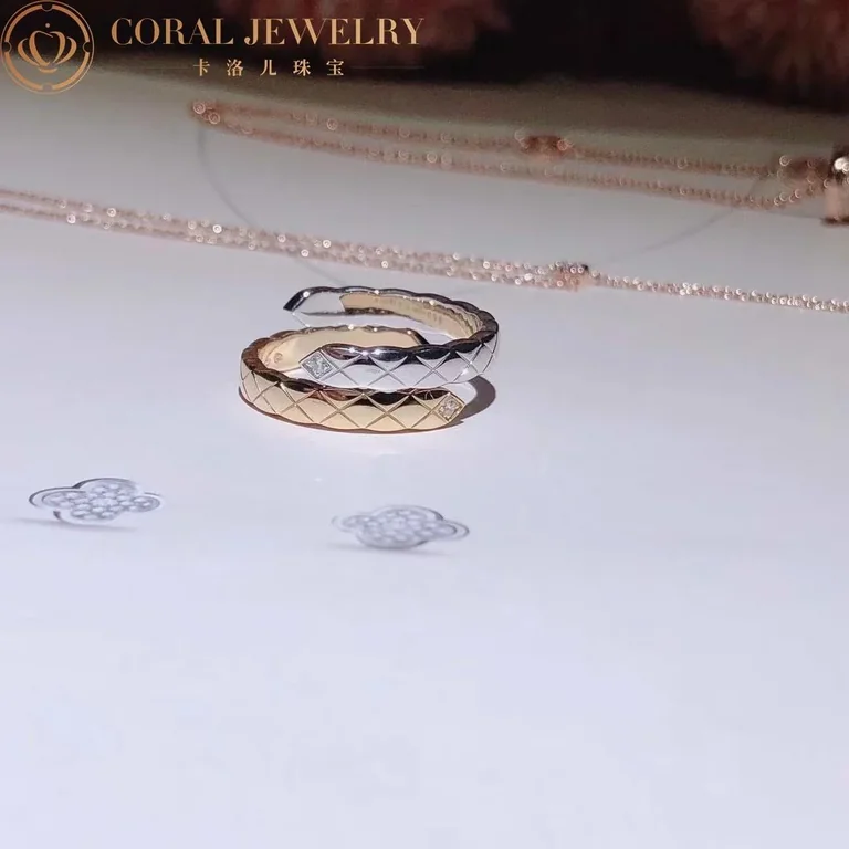Chanel Coco Crush Toi Et Moi J11971 Ring Quilted Motif Small Version 18k White and Beige Gold Diamonds 3
