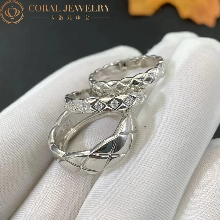 Chanel Coco Crush Ring J11871 Quilted Motif Mini Version 18k White Gold Diamonds 5
