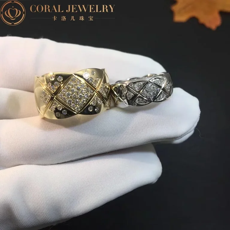 Chanel Coco Crush Ring J10862 Quilted Motif Large Version 18k Yellow Gold Diamonds 8
