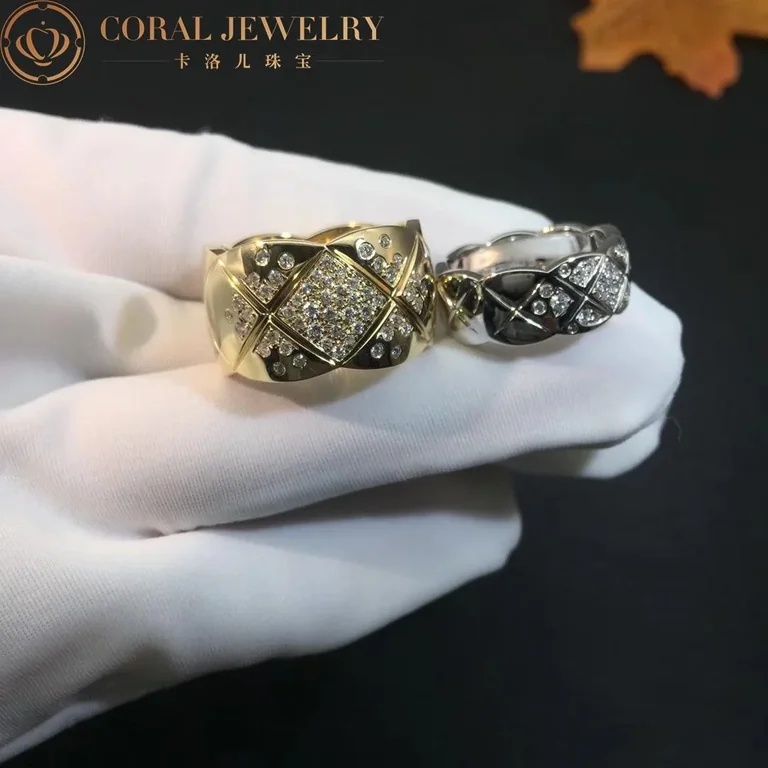 Chanel Coco Crush Ring J10862 Quilted Motif Large Version 18k Yellow Gold Diamonds 7
