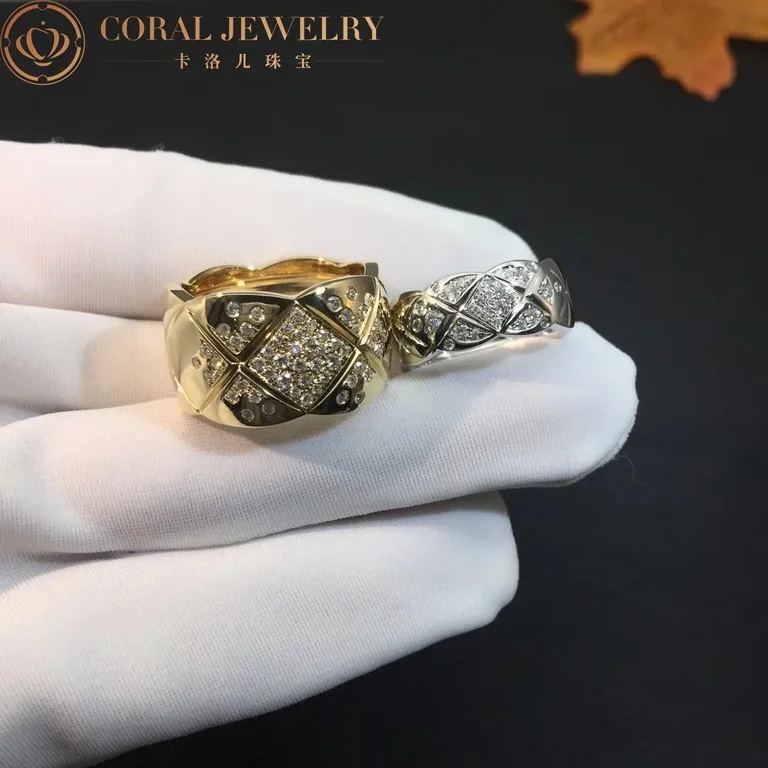 Chanel Coco Crush Ring J10862 Quilted Motif Large Version 18k Yellow Gold Diamonds 6