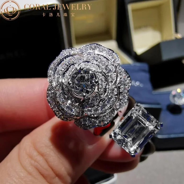 Chanel Camélia Contraste Blanc Ring in White Gold and 5CT Emerald-cut Diamond Ring 8