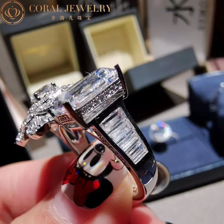 Chanel Camélia Contraste Blanc Ring in White Gold and 5CT Emerald-cut Diamond Ring 7