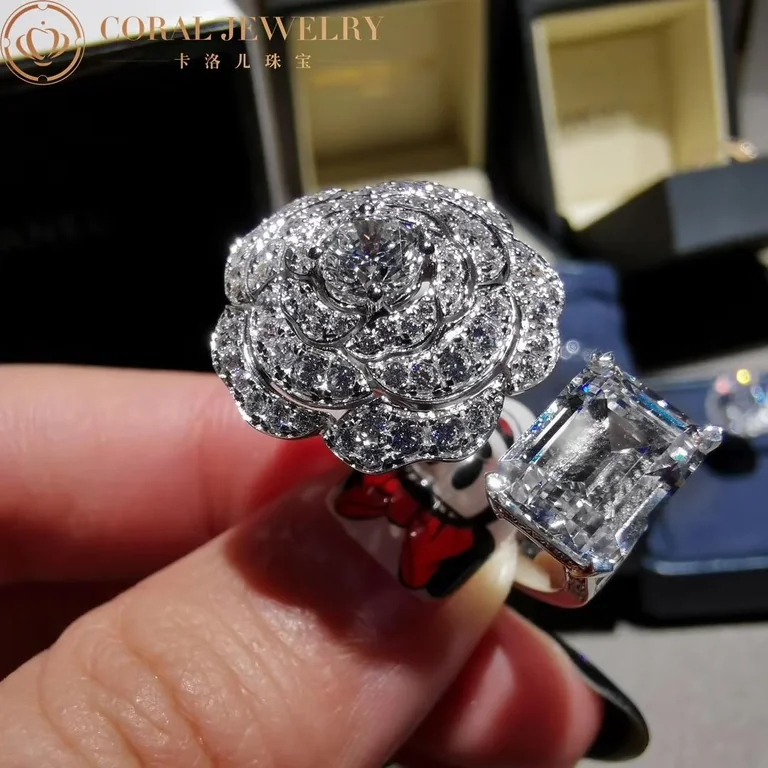 Chanel Camélia Contraste Blanc Ring in White Gold and 5CT Emerald-cut Diamond Ring 6