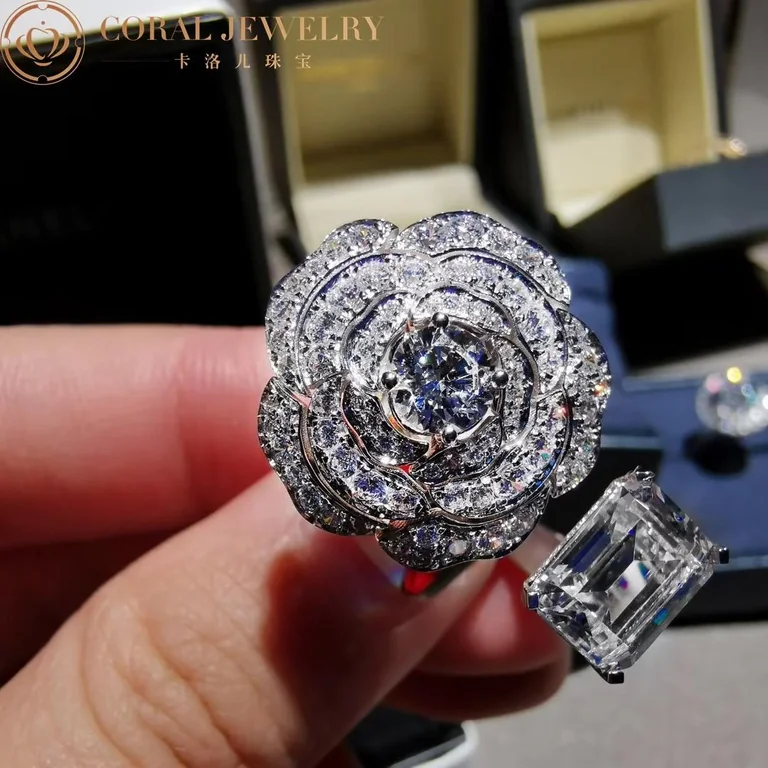 Chanel Camélia Contraste Blanc Ring in White Gold and 5CT Emerald-cut Diamond Ring 4
