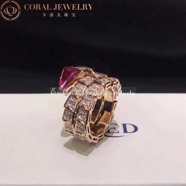 Bulgari Serpenti 347594 Viper two-coil ring in 18 kt rose gold set with full pavé diamonds and a rubellite on the head 4