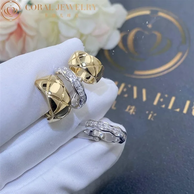 Chanel Coco Crush Earrings J11191 Quilted Motif 18k White and Yellow Gold Diamonds 5