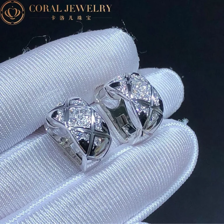 Chanel Coco Crush J11135 Earrings Quilted Motif 18k White Gold Diamonds 9
