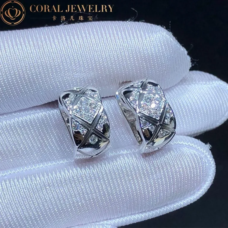 Chanel Coco Crush J11135 Earrings Quilted Motif 18k White Gold Diamonds 6