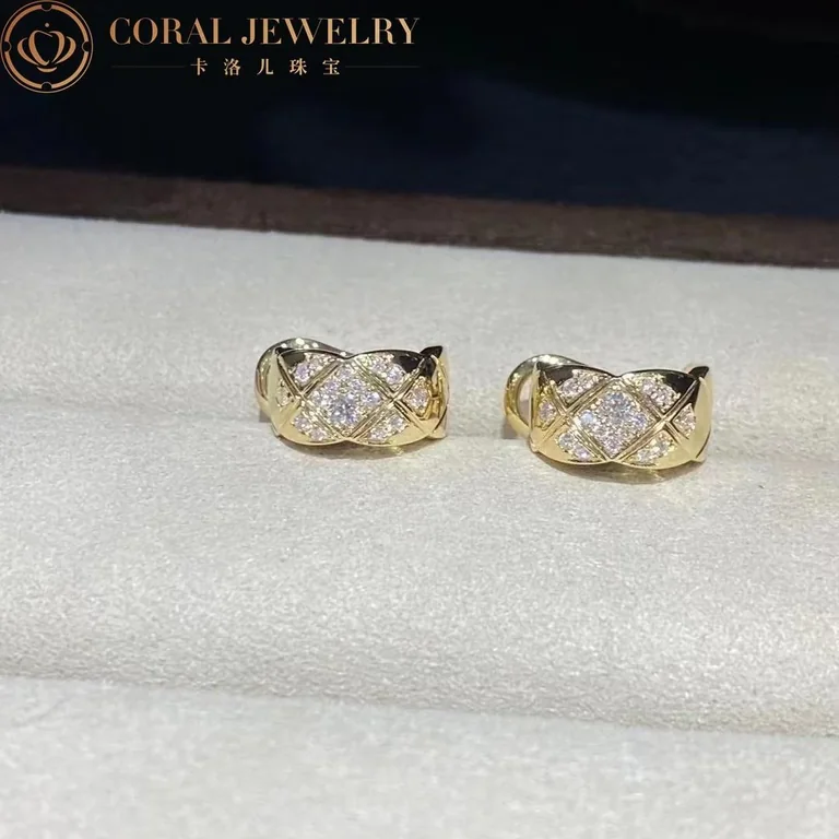 Chanel Coco Crush J11755 Earrings Quilted Motif 18k Beige Gold Diamonds 10