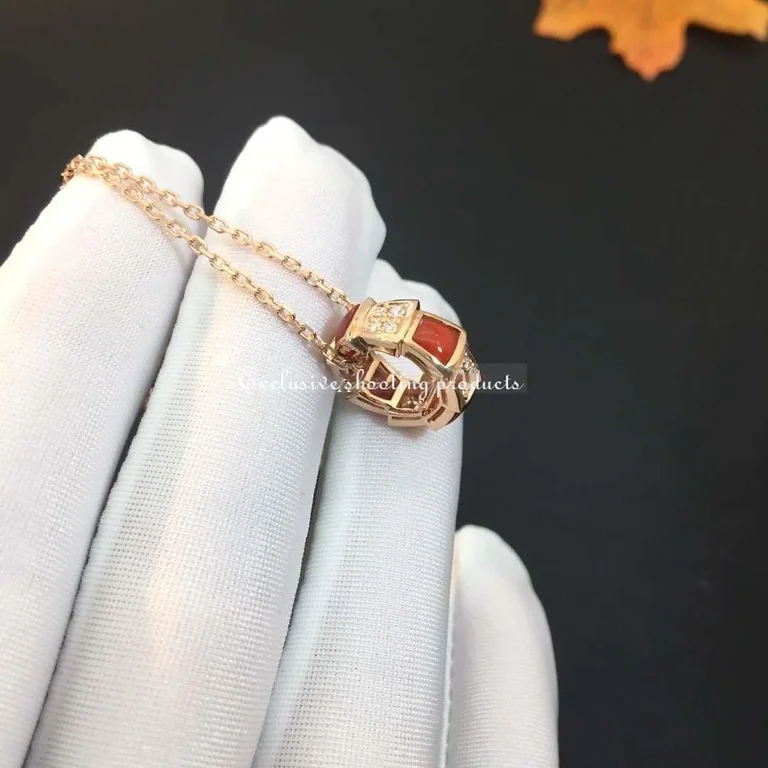 Bulgari Serpenti 355088 Viper necklace with 18 kt rose gold chain pendant set with carnelian elements and demi pavé diamonds 5
