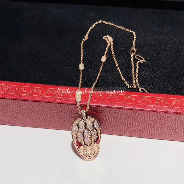 Bulgari Serpenti 352725 necklace in 18 kt rose gold set with rubellite eyes and with pavé diamonds 3