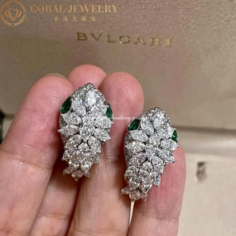Bulgari Earrings Serpenti Platinum and 18K Yellow Gold Diamond Earrings with Emerald Eyes 7