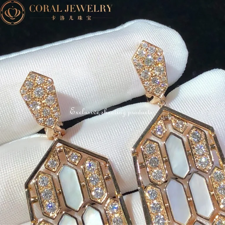 Bulgari Serpenti Earrings in 18-carat pink gold and white mother-of-pearl and diamond high jewelry Earrings 6