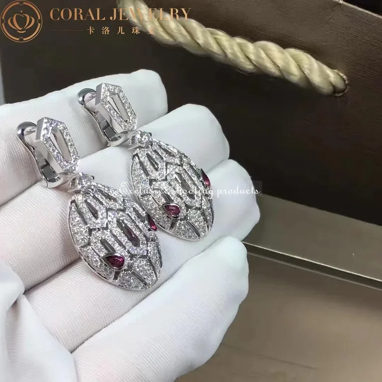 Bulgari 352756-Rubellites Serpenti 18 kt white gold earrings set with pavé diamonds and rubellite eyes 6