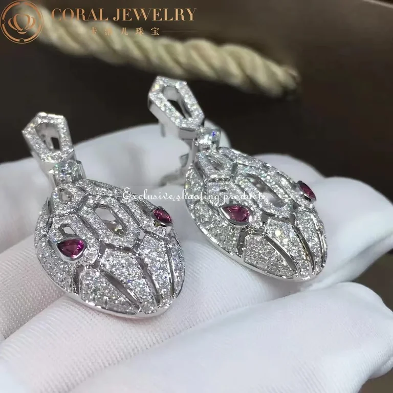 Bulgari 352756-Rubellites Serpenti 18 kt white gold earrings set with pavé diamonds and rubellite eyes 5