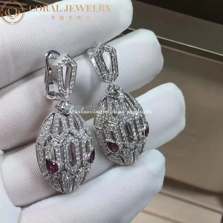 Bulgari 352756-Rubellites Serpenti 18 kt white gold earrings set with pavé diamonds and rubellite eyes 3