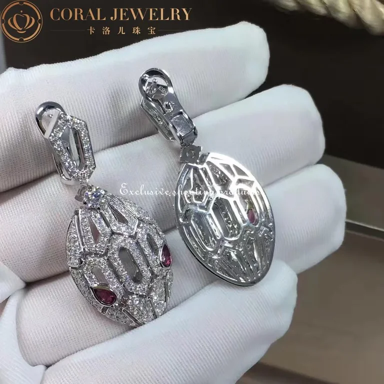 Bulgari 352756-Rubellites Serpenti 18 kt white gold earrings set with pavé diamonds and rubellite eyes 2