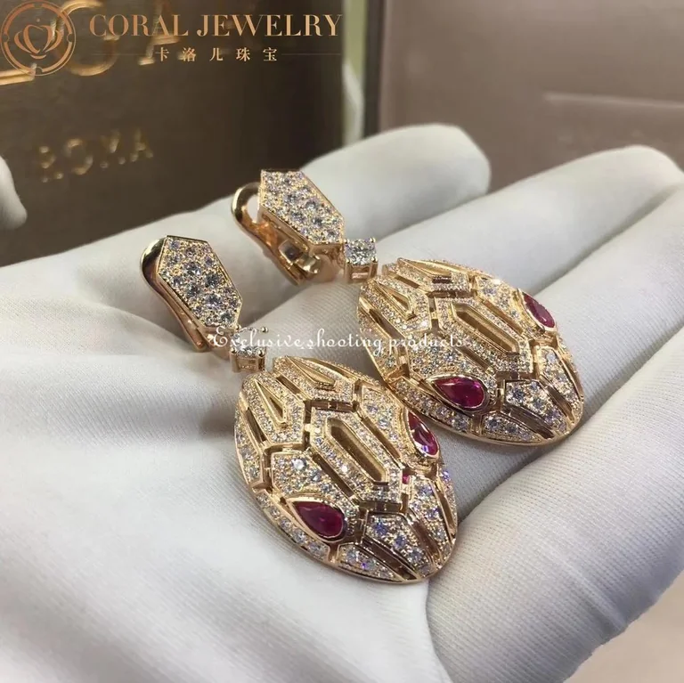 Bulgari Serpenti 18 kt rose gold earrings set with pavé diamonds and rubellite eyes earrings 2