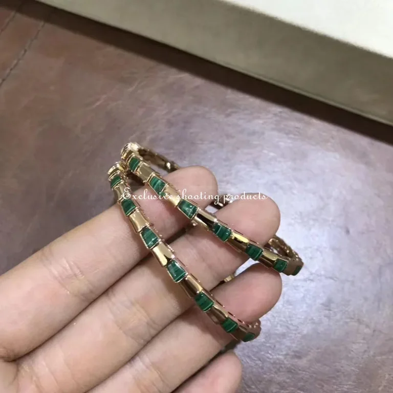 Bulgari 356519 Serpenti Viper 18 kt rose gold thin bangle bracelet set with malachite elements 2