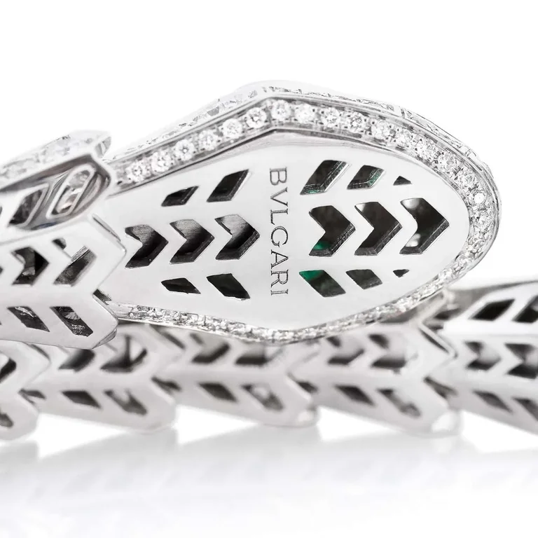 Bulgari Serpenti Diamond Snake Bangle Bracelet with Emerald Eyes in 18kw Gold Bracelet 11