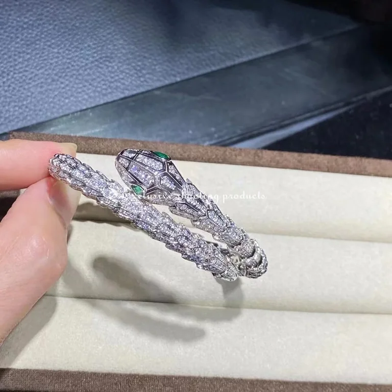 Bulgari Serpenti Diamond Snake Bangle Bracelet with Emerald Eyes in 18kw Gold Bracelet 7