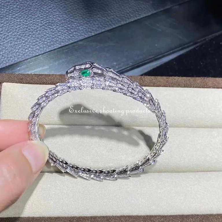 Bulgari Serpenti Diamond Snake Bangle Bracelet with Emerald Eyes in 18kw Gold Bracelet 6
