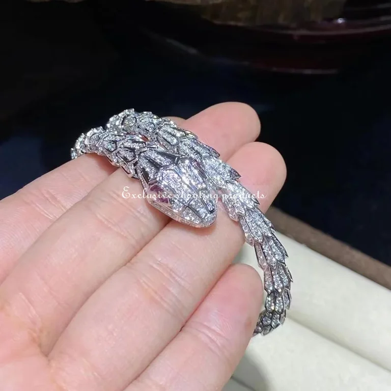 Bulgari Serpenti Diamond Snake Bangle Bracelet with Emerald Eyes in 18kw Gold Bracelet 3