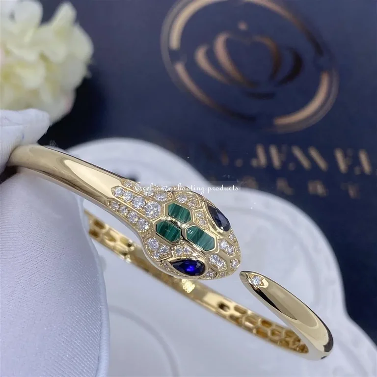 Bulgari 356204-1 Serpenti 18 kt yellow gold bracelet set with blue sapphire eyes malachite elements and pavé diamonds 3