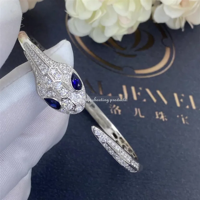 Bulgari Serpenti 354098 bangle bracelet in 18 kt white gold set with blue sapphire eyes and pavé diamonds 3