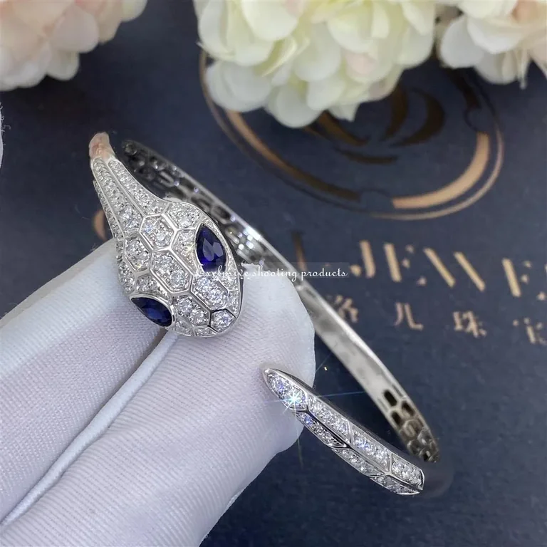 Bulgari Serpenti 354098 bangle bracelet in 18 kt white gold set with blue sapphire eyes and pavé diamonds 2