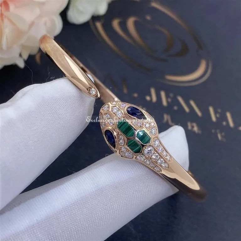 Bulgari Serpenti 356204 18 kt rose gold bracelet set with blue sapphire eyes malachite elements and pavé diamonds 5
