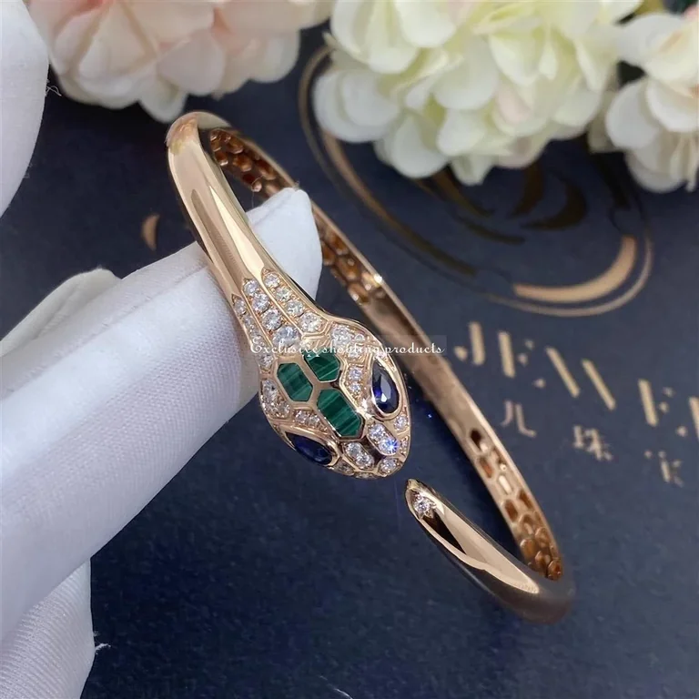 Bulgari Serpenti 356204 18 kt rose gold bracelet set with blue sapphire eyes malachite elements and pavé diamonds 4