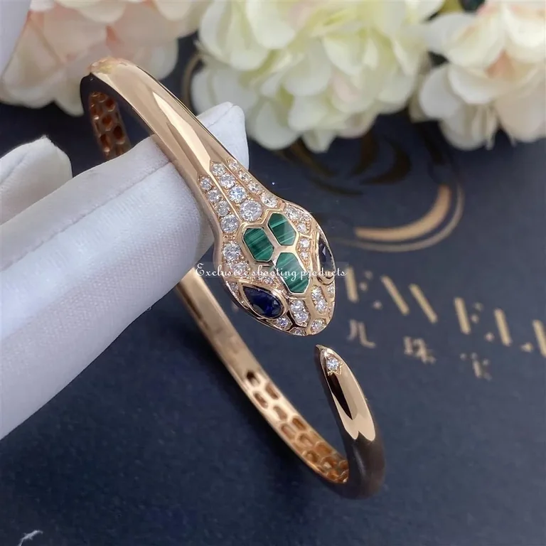 Bulgari Serpenti 356204 18 kt rose gold bracelet set with blue sapphire eyes malachite elements and pavé diamonds 3