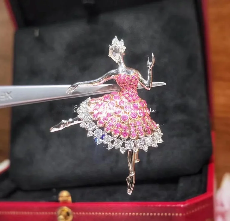 Van Cleef & Arpels Cardinal rose ballerina brooch White gold pink gold pink sapphires diamonds brooch 8