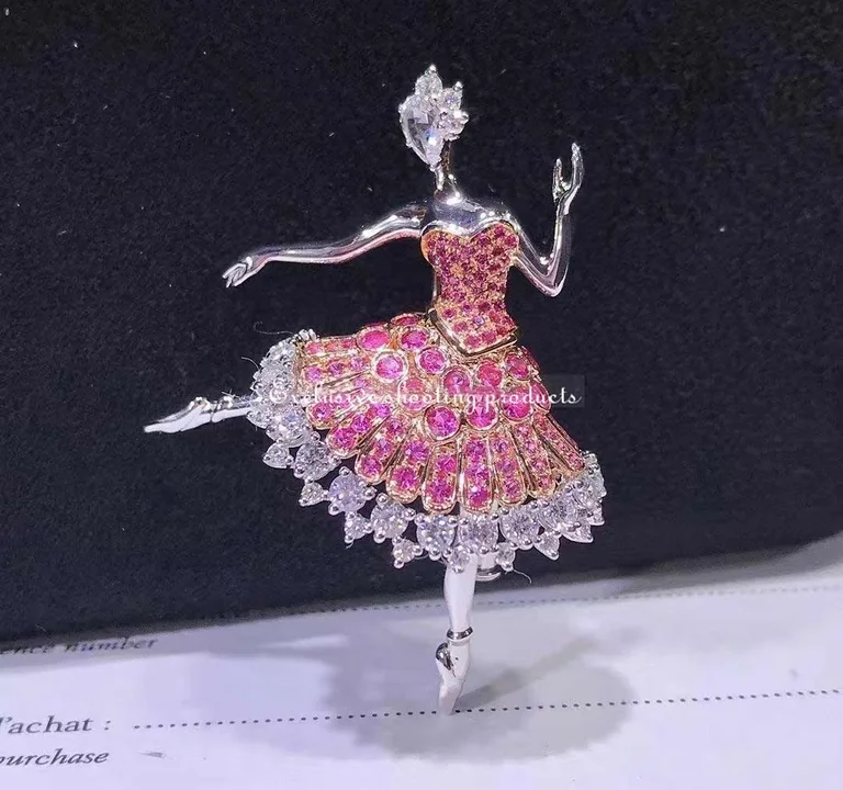 Van Cleef & Arpels Cardinal rose ballerina brooch White gold pink gold pink sapphires diamonds brooch 5