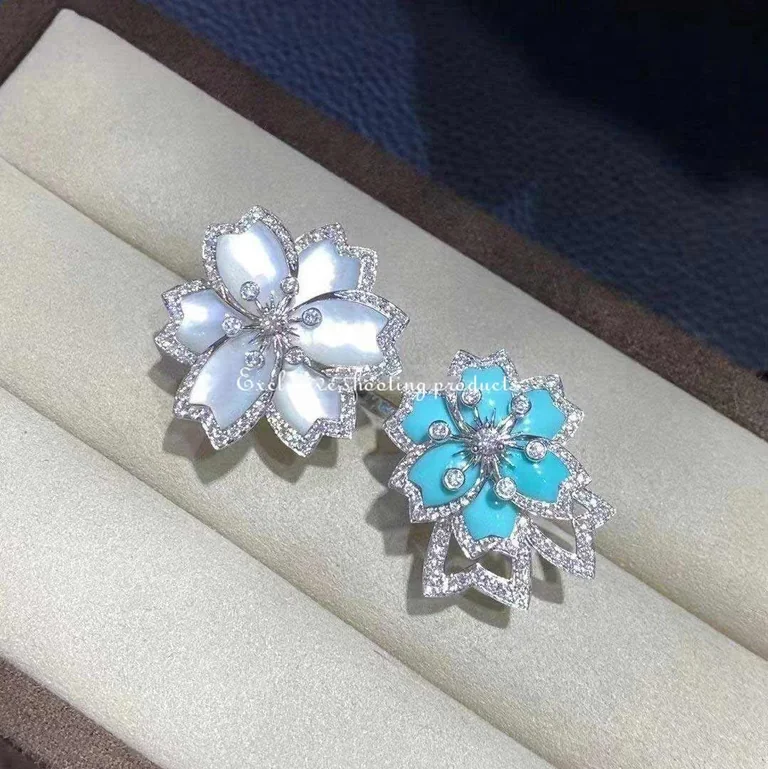 Van Cleef & Arpels VCARP7EP00 Hellébore Between the Finger Ring White gold Diamond Mother-of-pearl Turquoise Ring 12