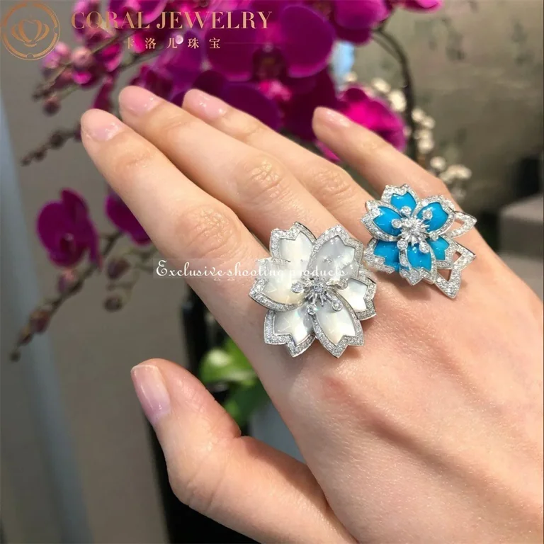 Van Cleef & Arpels VCARP7EP00 Hellébore Between the Finger Ring White gold Diamond Mother-of-pearl Turquoise Ring 4