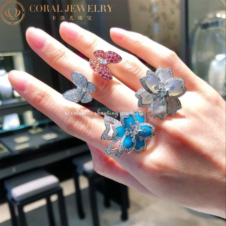 Van Cleef & Arpels VCARP7EP00 Hellébore Between the Finger Ring White gold Diamond Mother-of-pearl Turquoise Ring 3